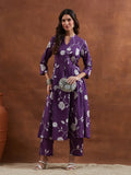 Purple Cotton Printed Anarkali Kurta Set with Mandarin Split V-Neck