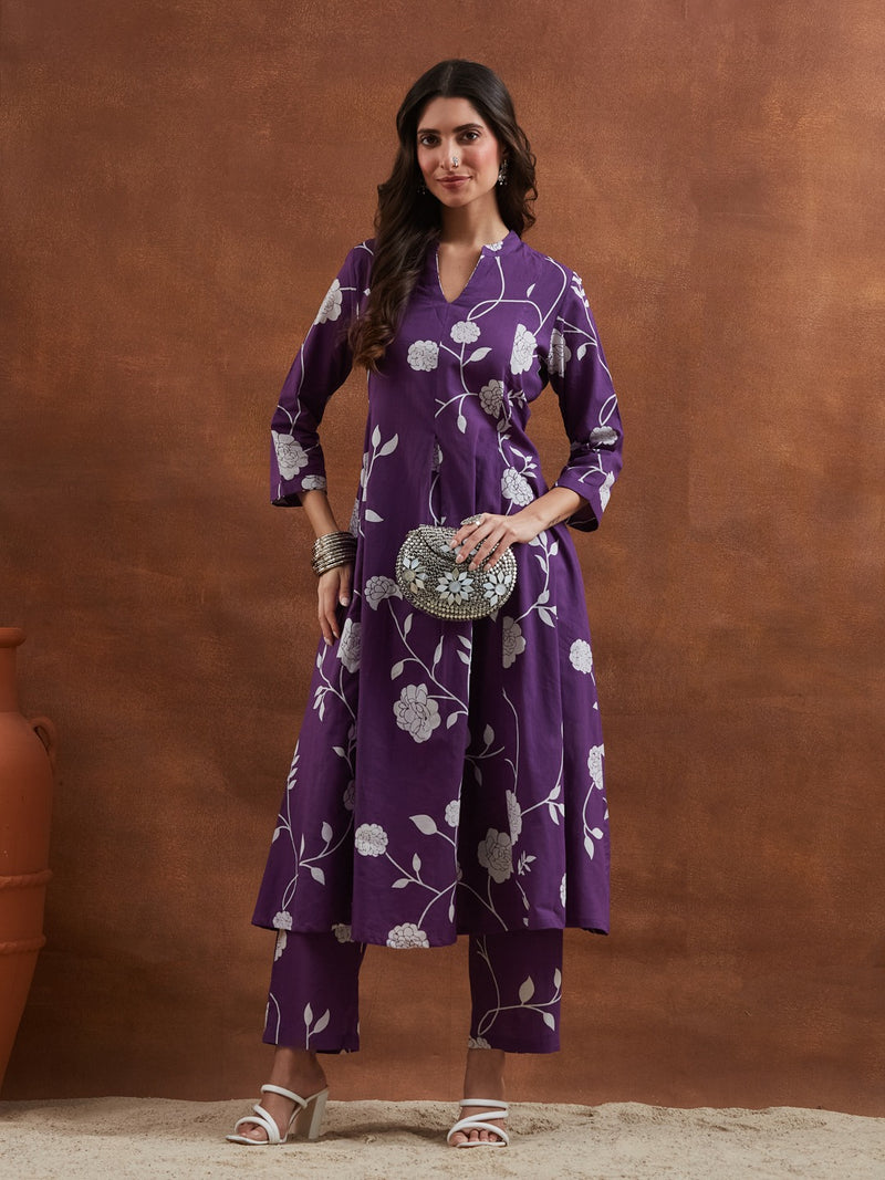 Purple Cotton Printed Anarkali Kurta Set with Mandarin Split V-Neck