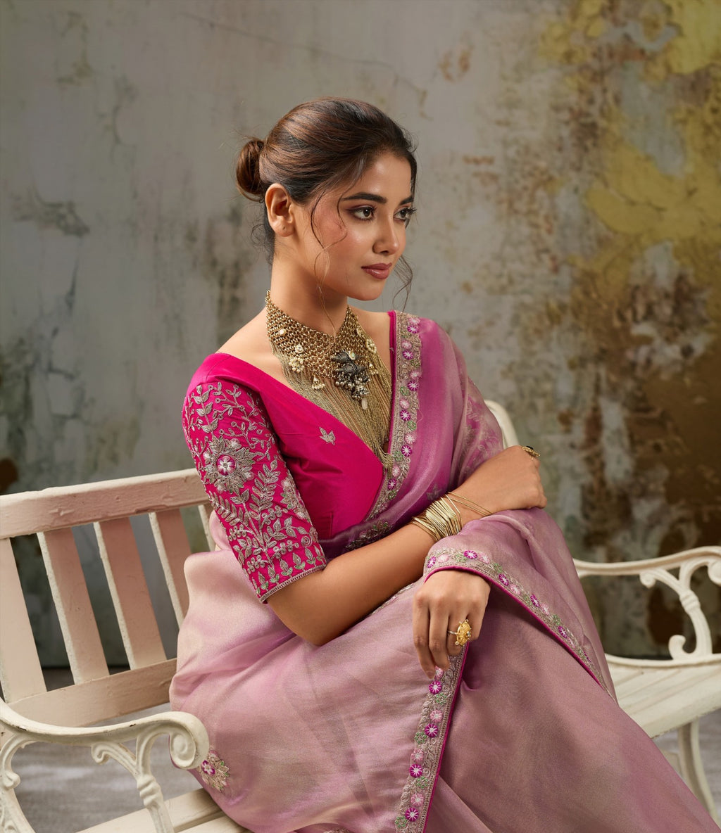 Metallic Tissue Saree with Pita Zari & Antique Sleeve-Embroidered Satin Blouse