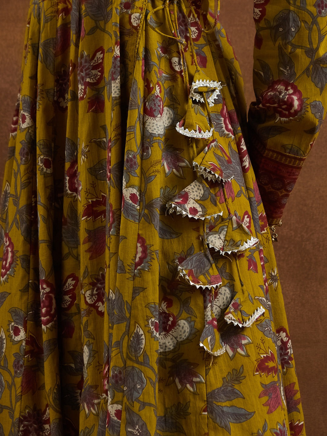 Elegant Mustard Yellow Floral Cotton Anarkali Set with Latkans & Dupatta