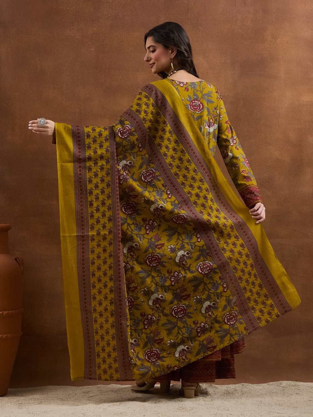 Elegant Mustard Yellow Floral Cotton Anarkali Set with Latkans & Dupatta