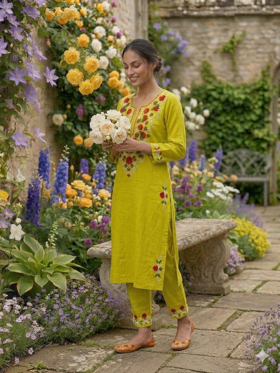 Woman in lime green embroidered Indian ethnic kurta and pants set in a flower garden.