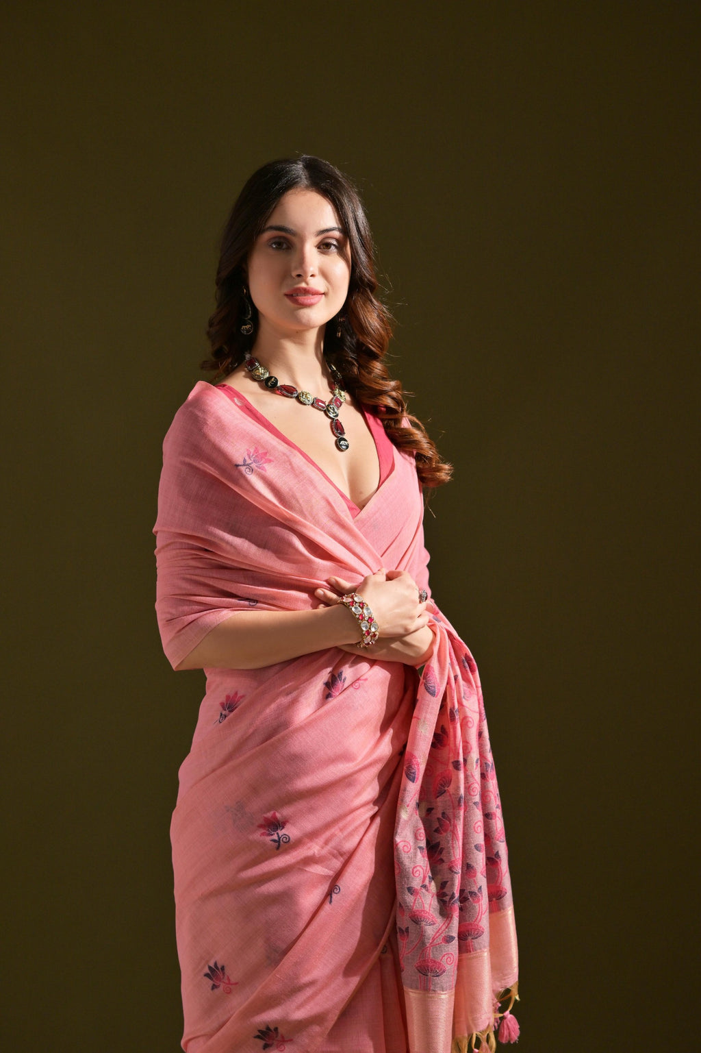 Designer Muga Cotton Saree – Intricate Resham Weave & Pichwai Inspired Motif