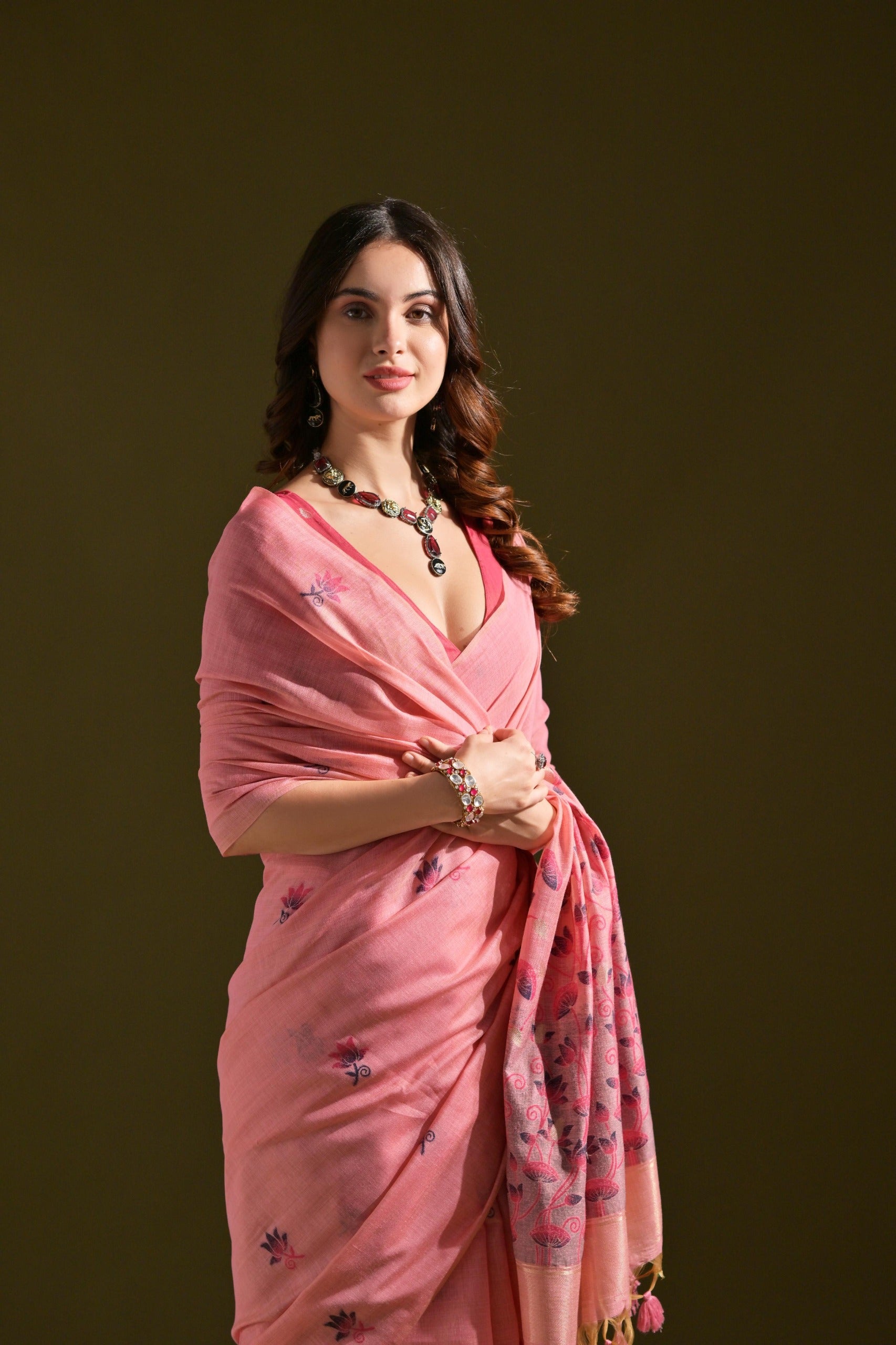 Designer Muga Cotton Saree – Intricate Resham Weave & Pichwai Inspired Motif