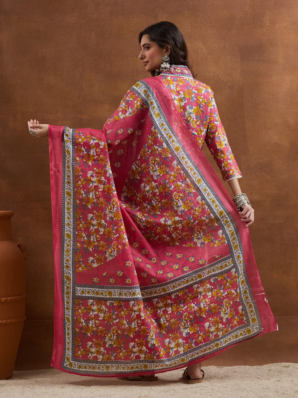 Pink Floral V-Neck Cotton Kurta Set with Matching Dupatta