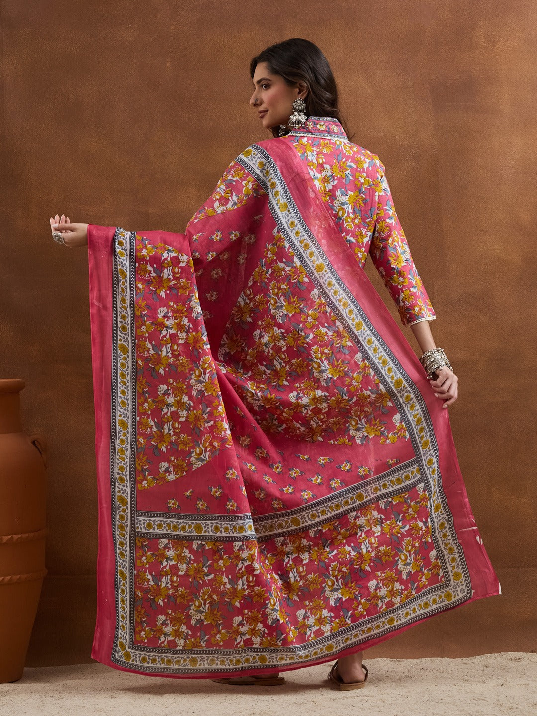 Pink Floral V-Neck Cotton Kurta Set with Matching Dupatta