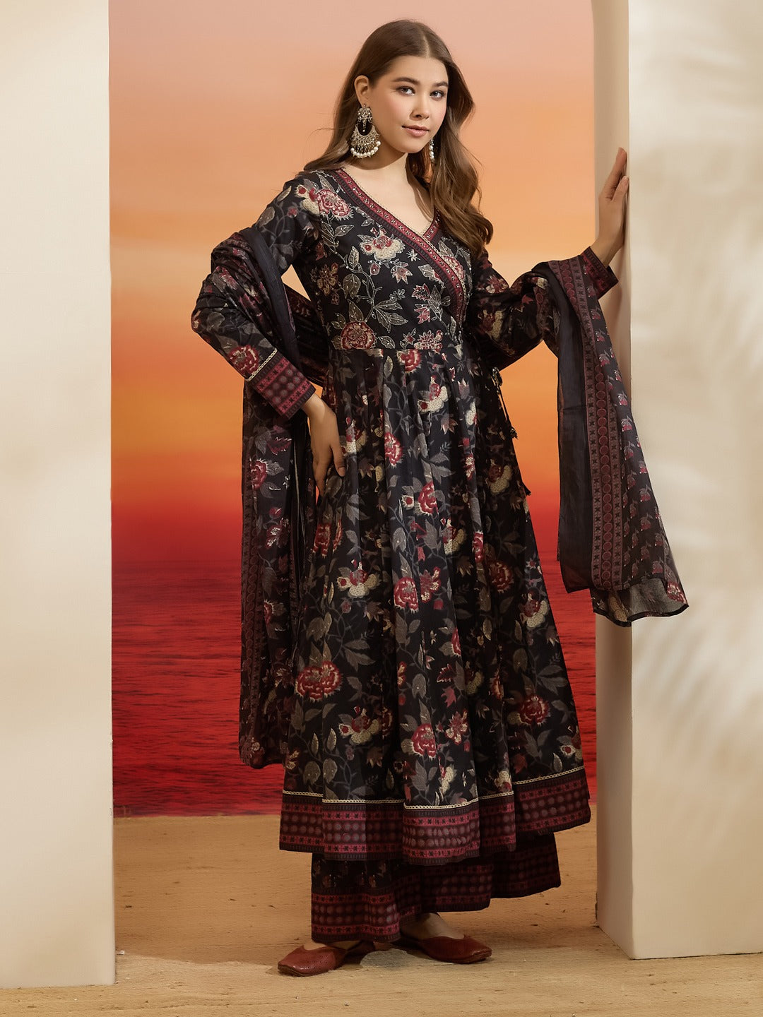 Elegant Black Floral Cotton Anarkali Set with Latkans & Dupatta