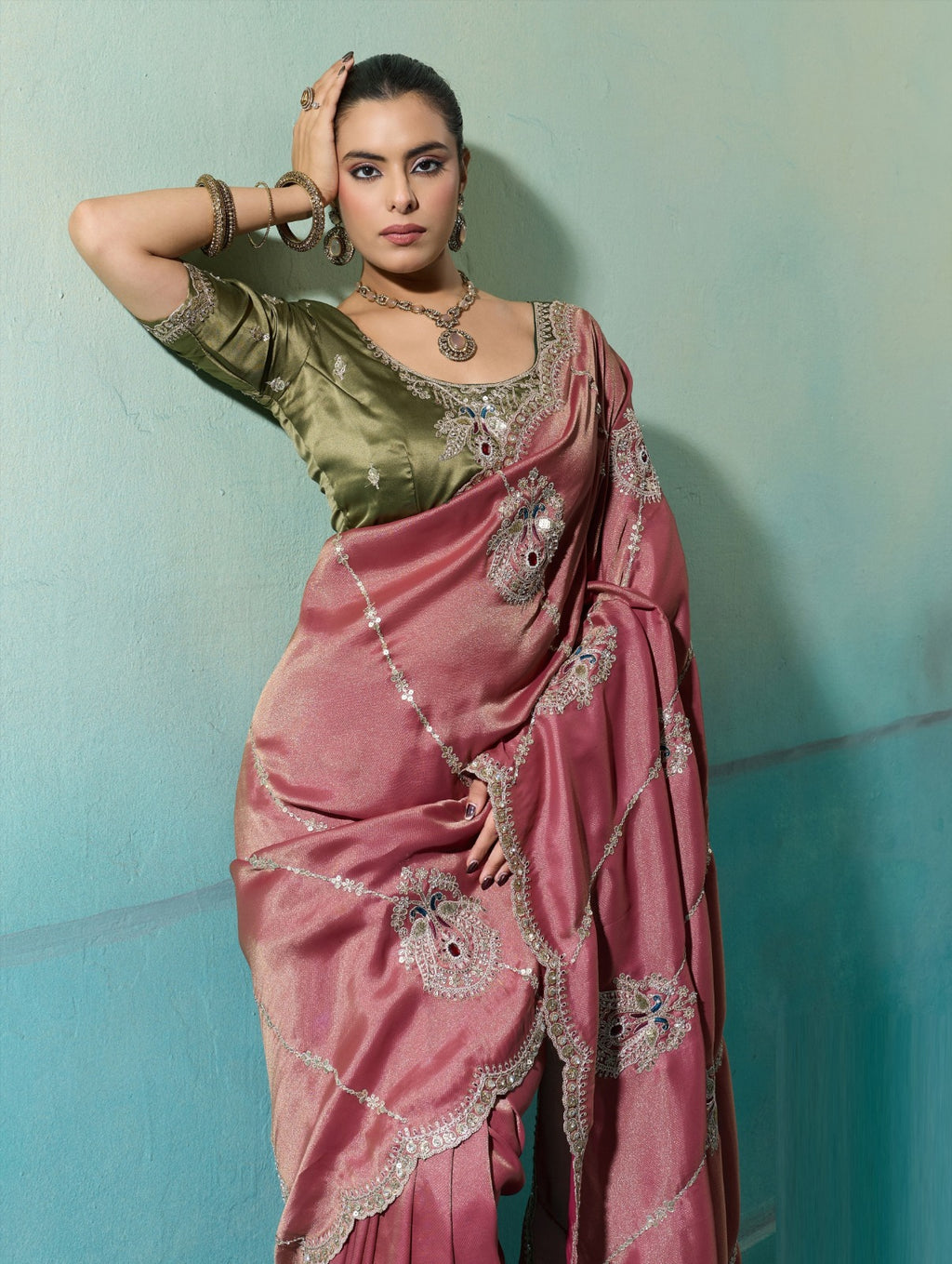 Premium Self-Stripe Giraffe Saree with Handcrafted Butta & Contrast Satin Blouse