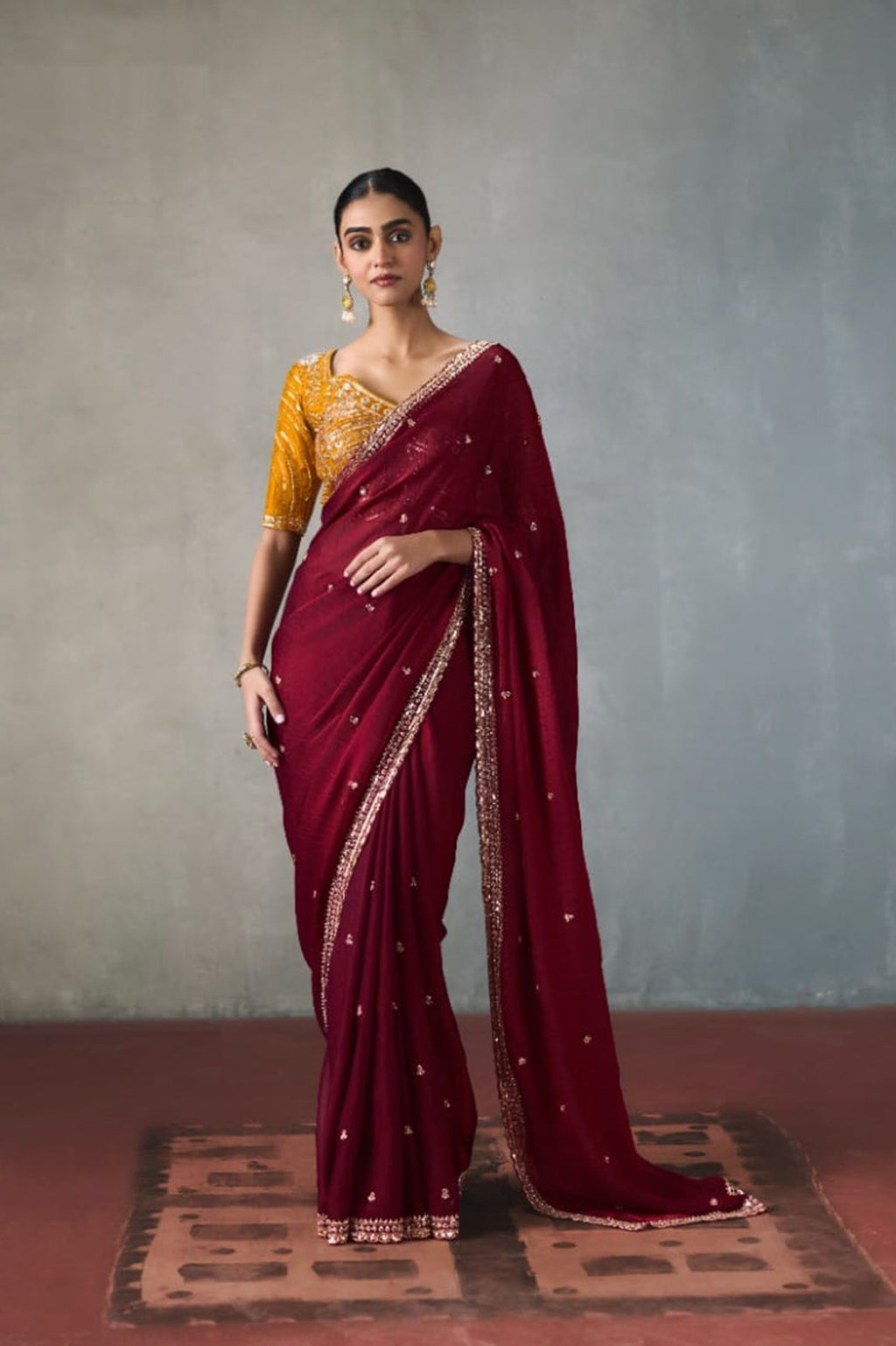 Embellished Sheer Silk Saree with Heavy Contrast Work Blouse