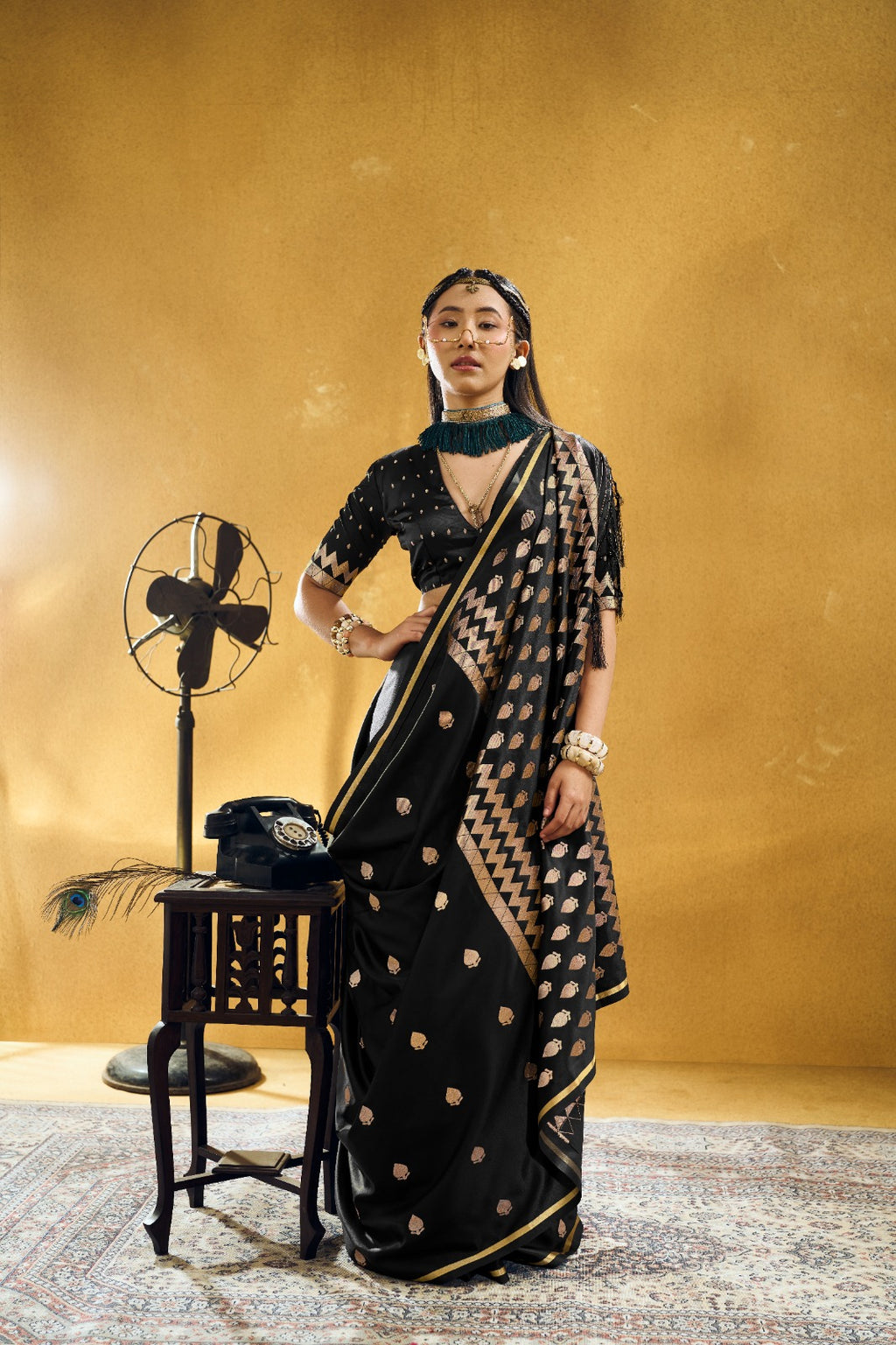 Premium Handloom Satin Silk Saree with Zari Motifs & Chevron Pallu