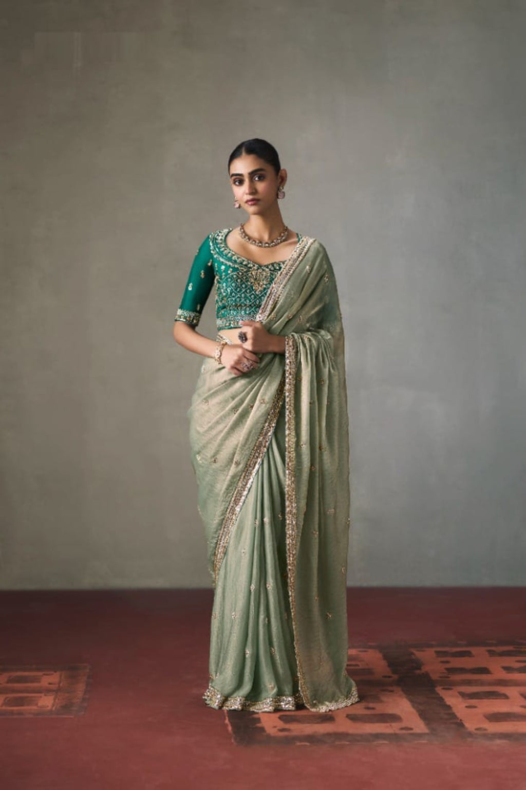 Embellished Sheer Silk Saree with Heavy Contrast Work Blouse
