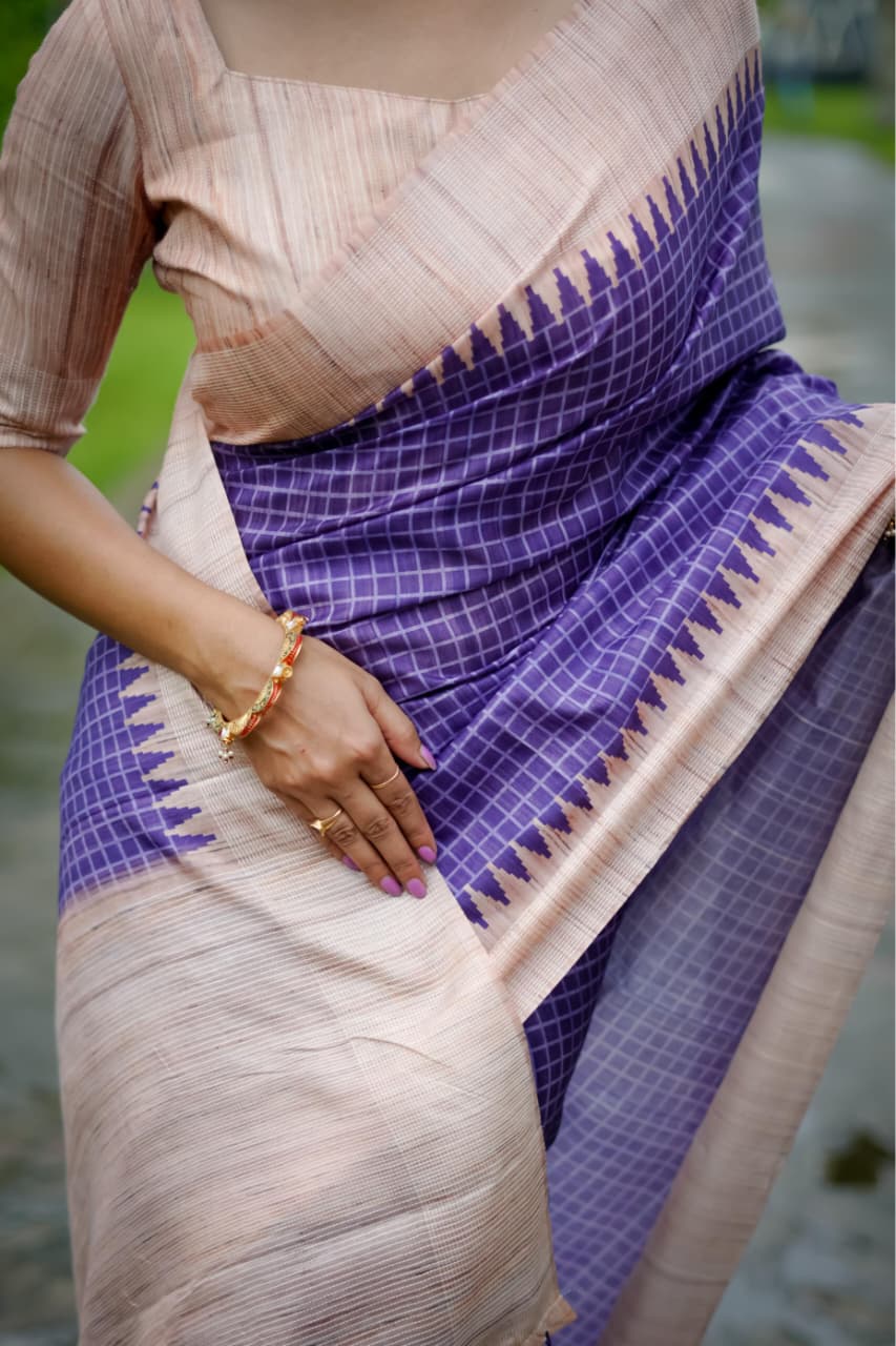 Soft Tussar Silk Saree with Kantha Weave Contrast Border & Check Print