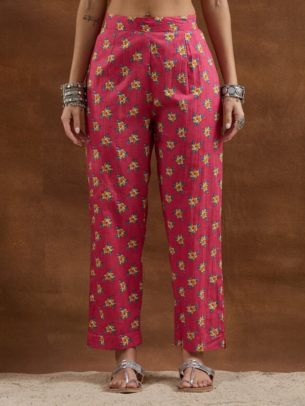 Pink Floral V-Neck Cotton Kurta Set with Matching Dupatta