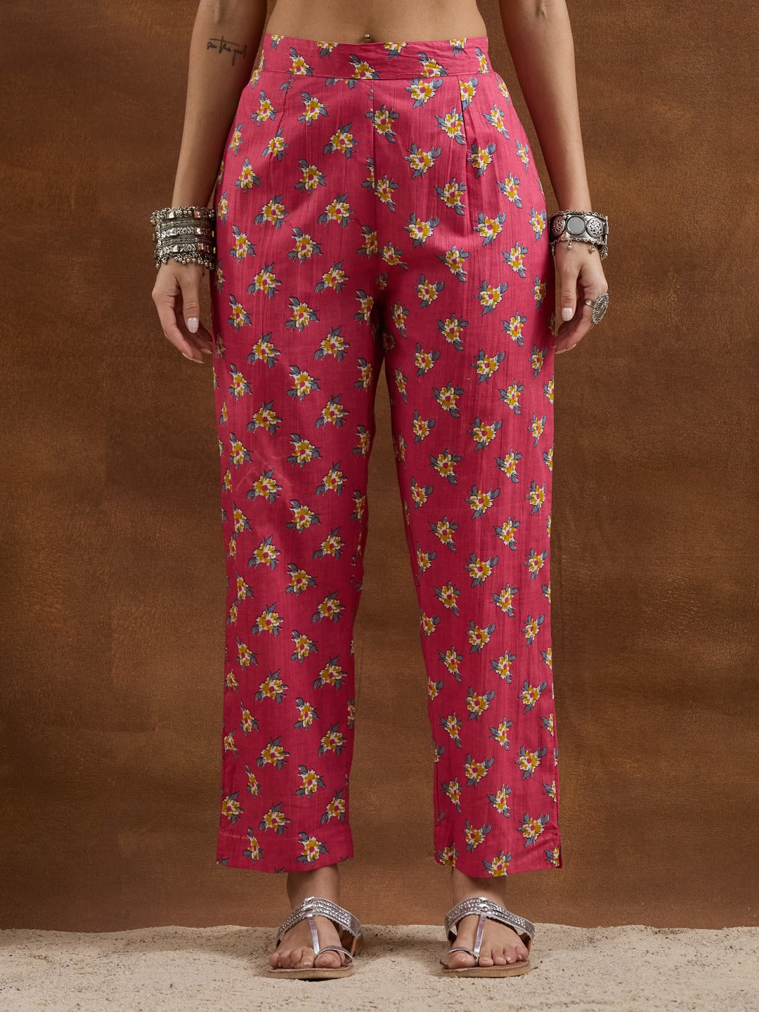 Pink Floral V-Neck Cotton Kurta Set with Matching Dupatta