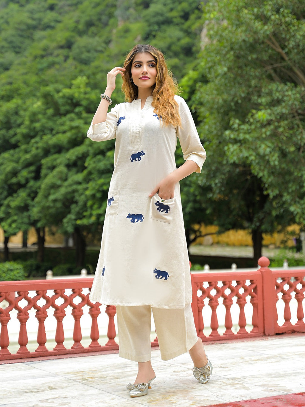 Off White Embroidered Cotton Flex A-Line Kurta Palazzo Set