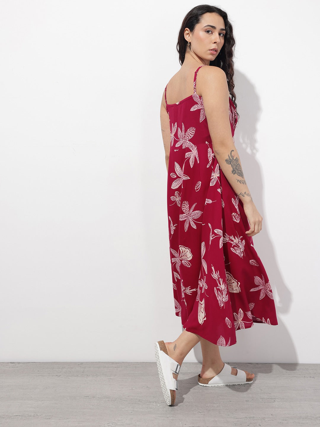 Maroon Shoulder Strapes Fit & Flared Dress
