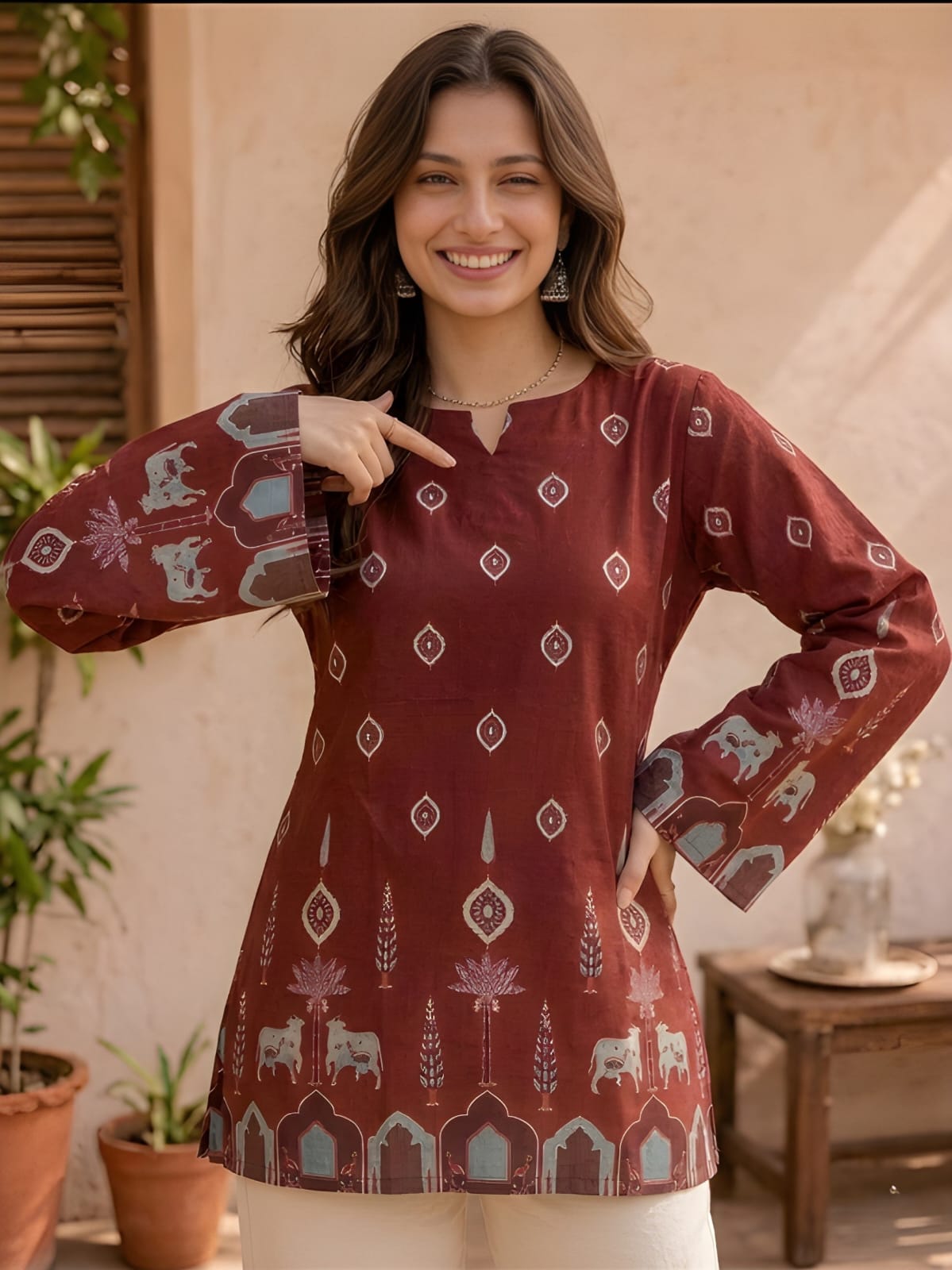 Effortless Elegance: Maroon Cotton Kalamkari Bell-Sleeve Tunic