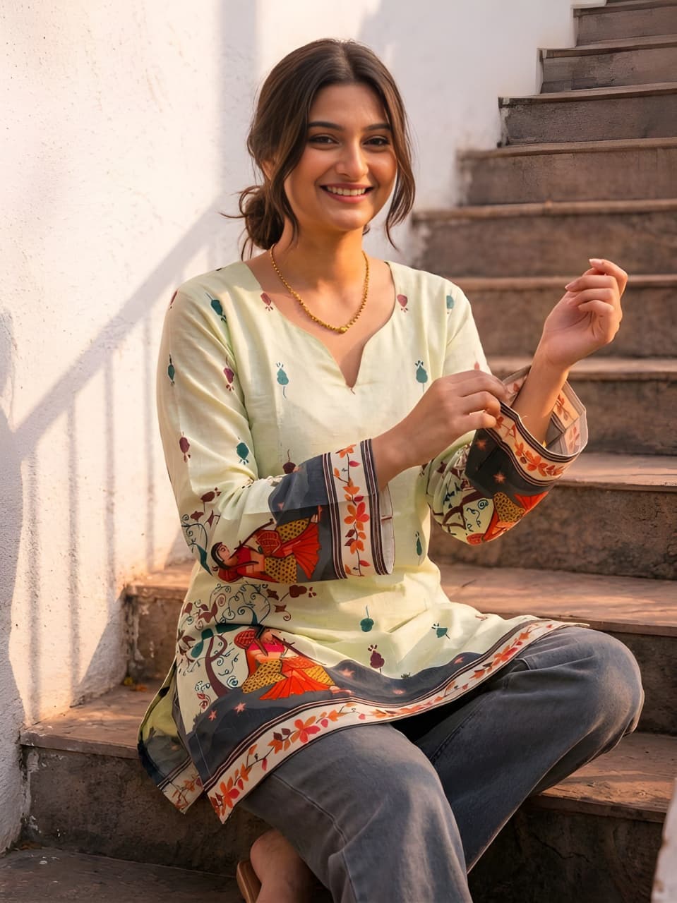 Classic Heritage: Cream Pure Cotton Kalamkari V-Neck Tunic