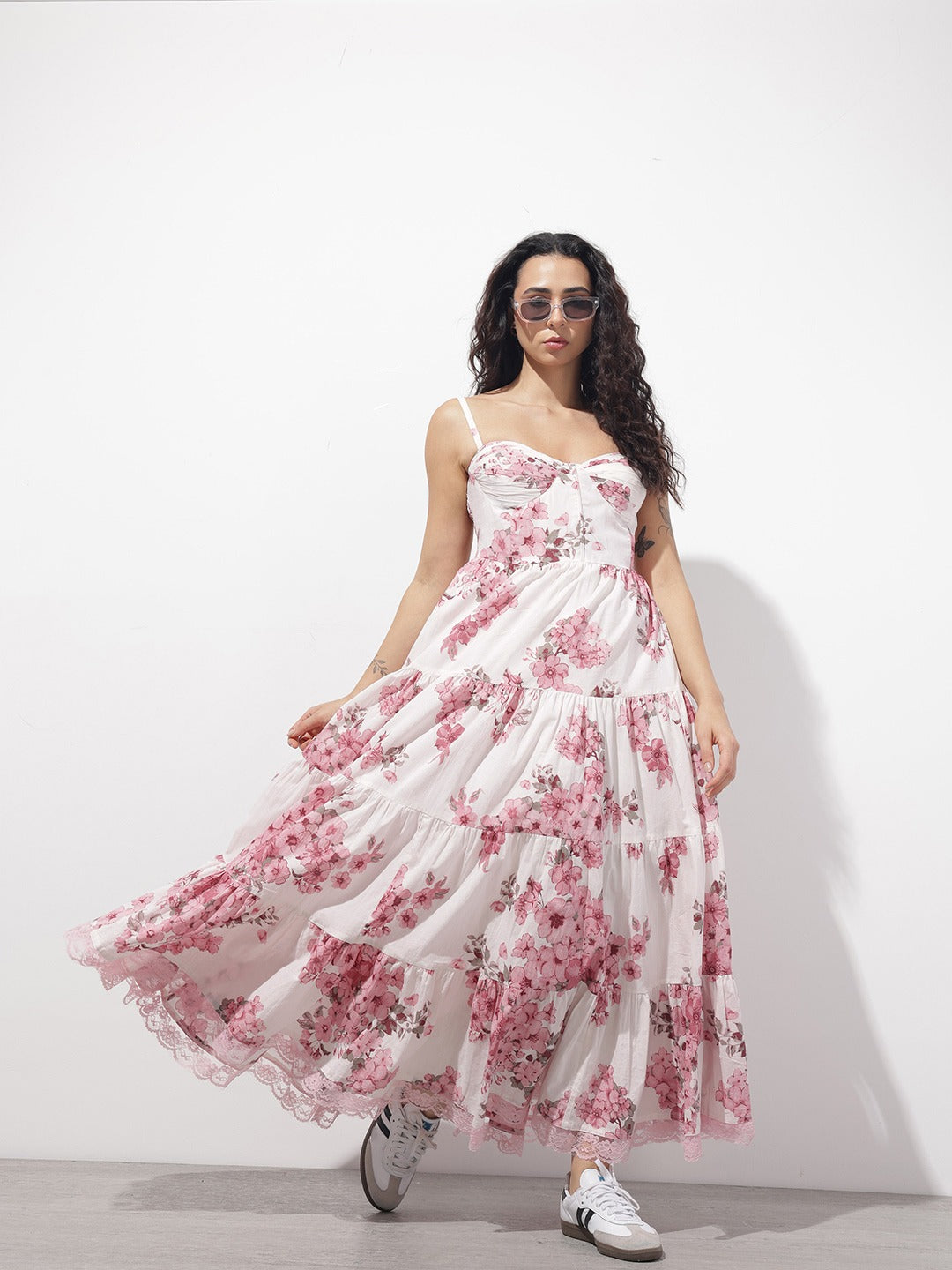 Pink & White Floral Cotton Fit & Flare Long Dress