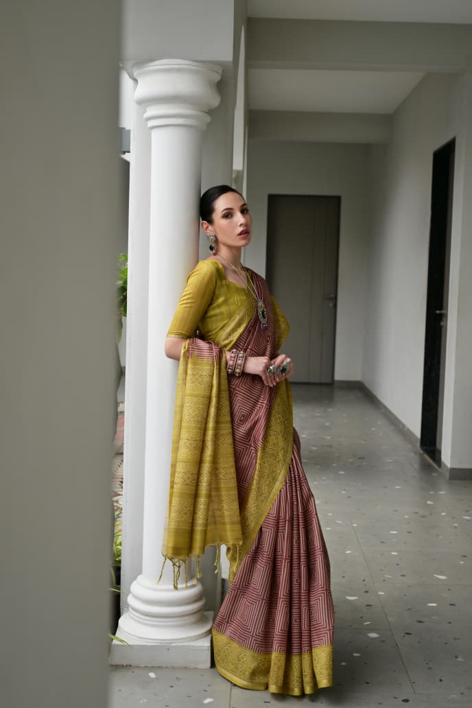 Soft Desi Tussar Silk Saree with Traditional Ikkat Pallu & Tassels