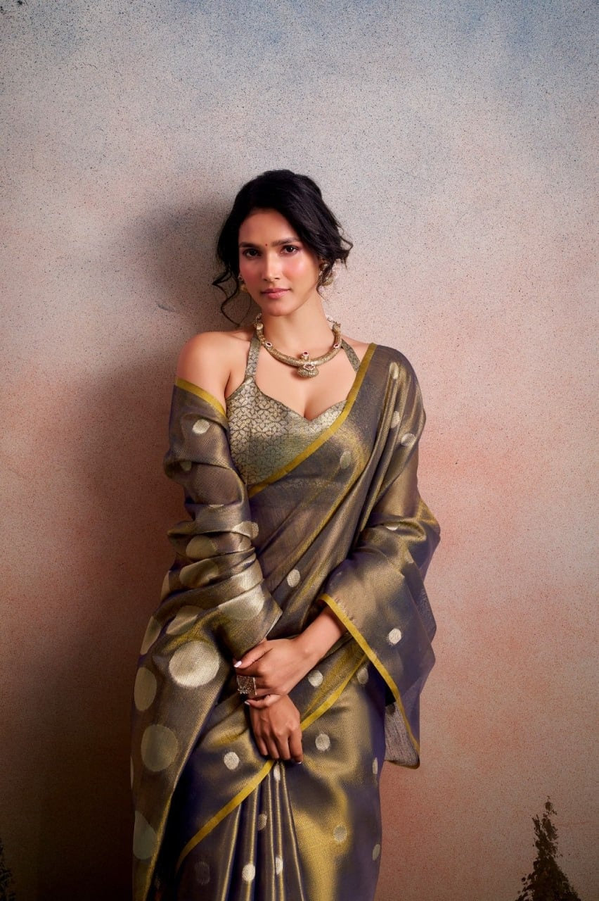 Luminous Tissue Silk with Gold Zari Motifs