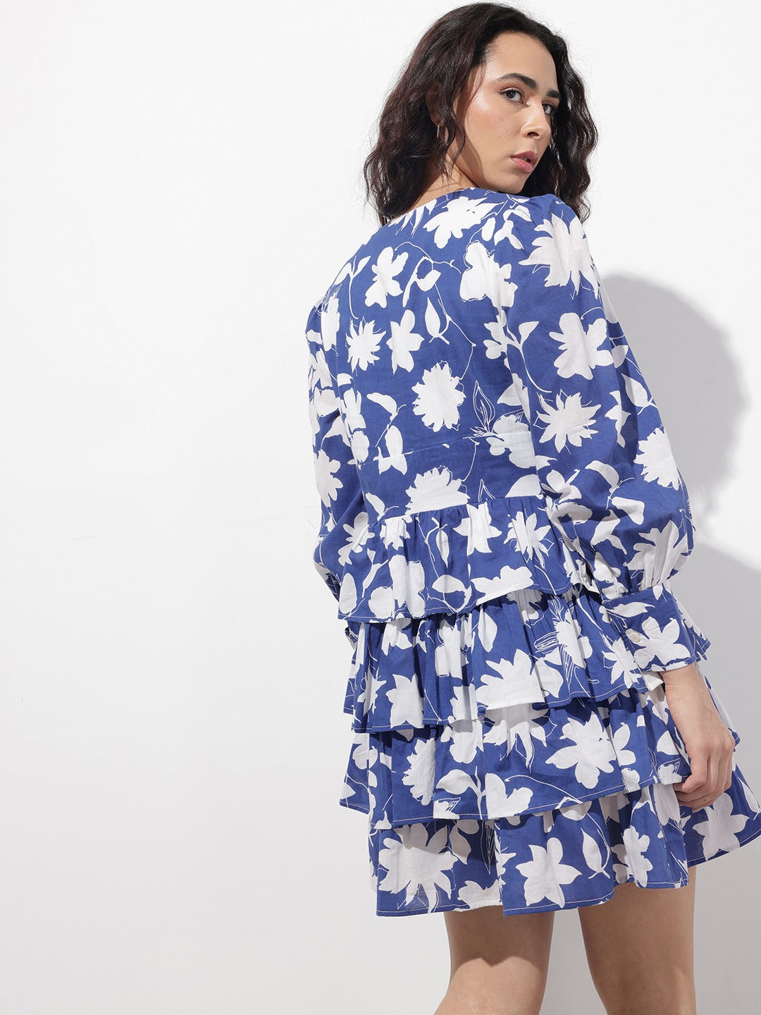 Long Sleeve Blue V-Neck Cotton Midi Dress