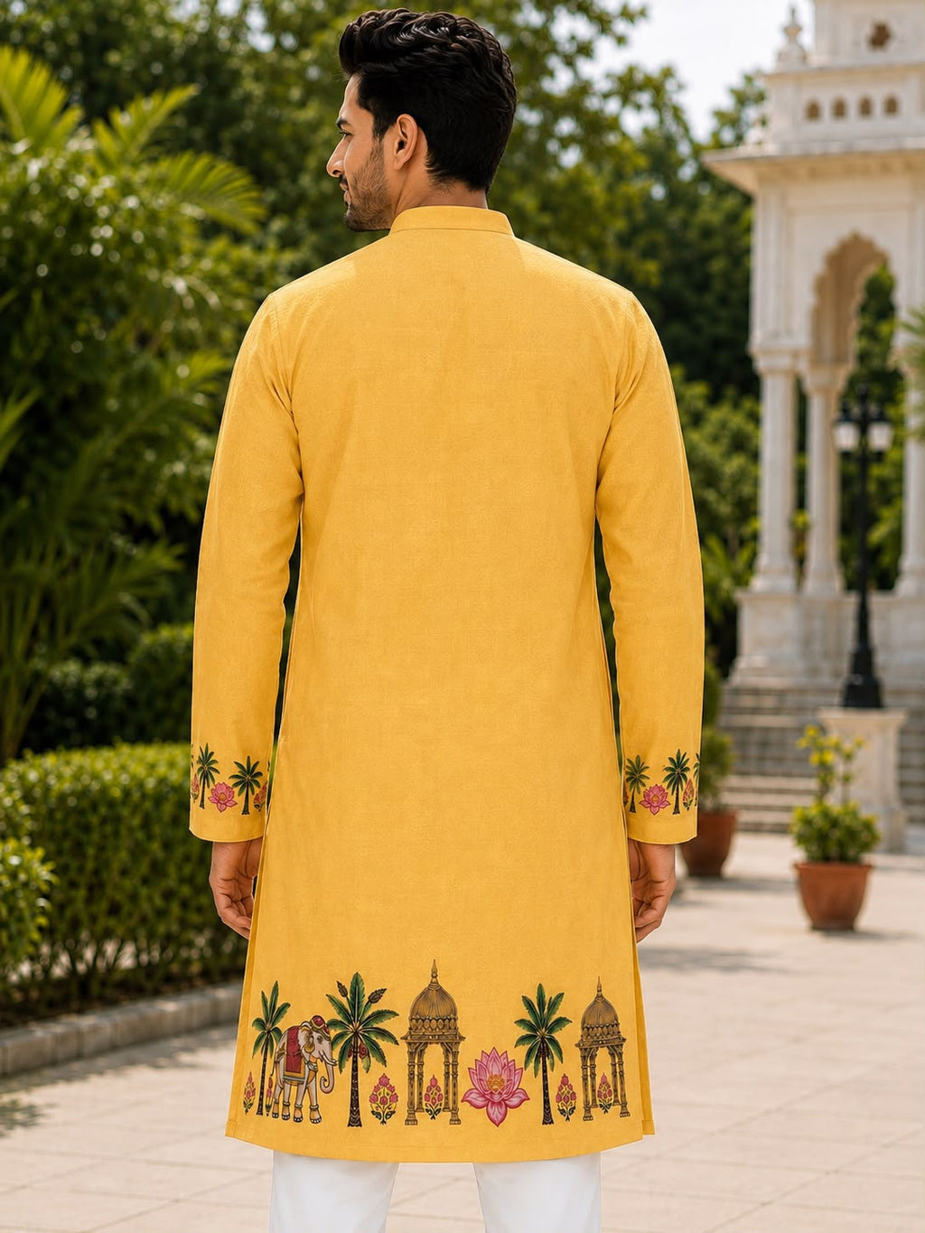 Man wearing a yellow ethnic kurta with traditional embroidered motifs on the hem.