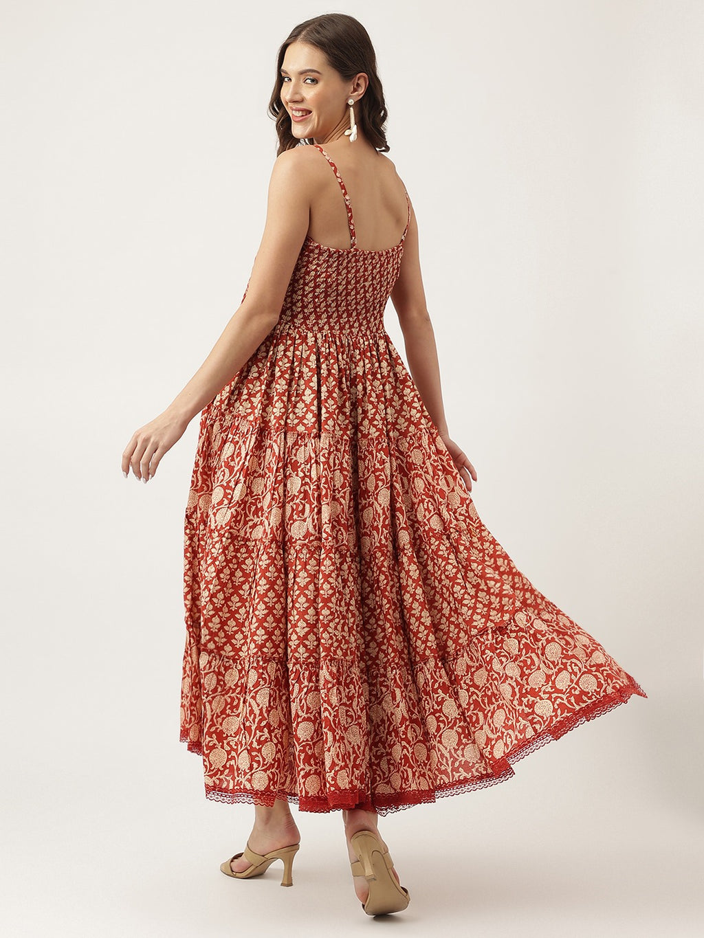 Maroon Floral Tiered Cotton Dress with Sweetheart Neck