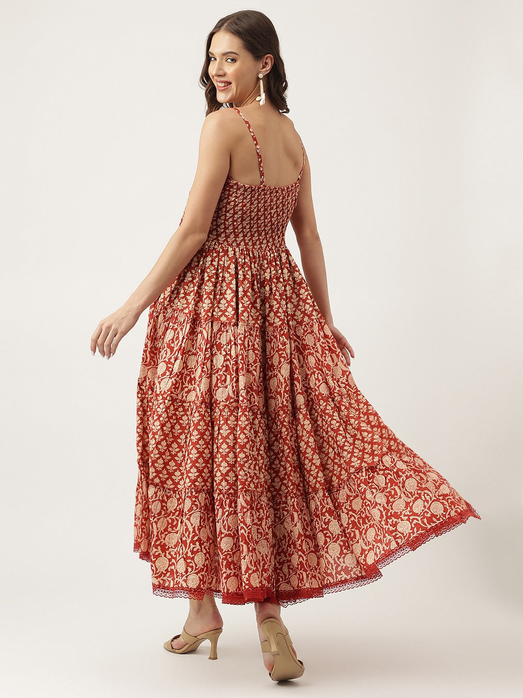 Maroon Floral Tiered Cotton Dress with Sweetheart Neck