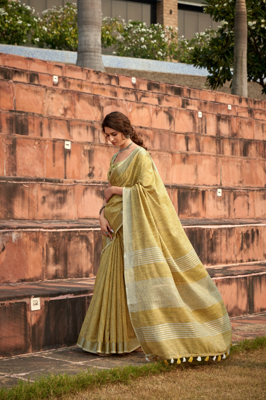Timeless Elegance Meets Organic Luxury: Soft Linen Silk Sarees with Textured Khadi Work & Designer Blouse Piece