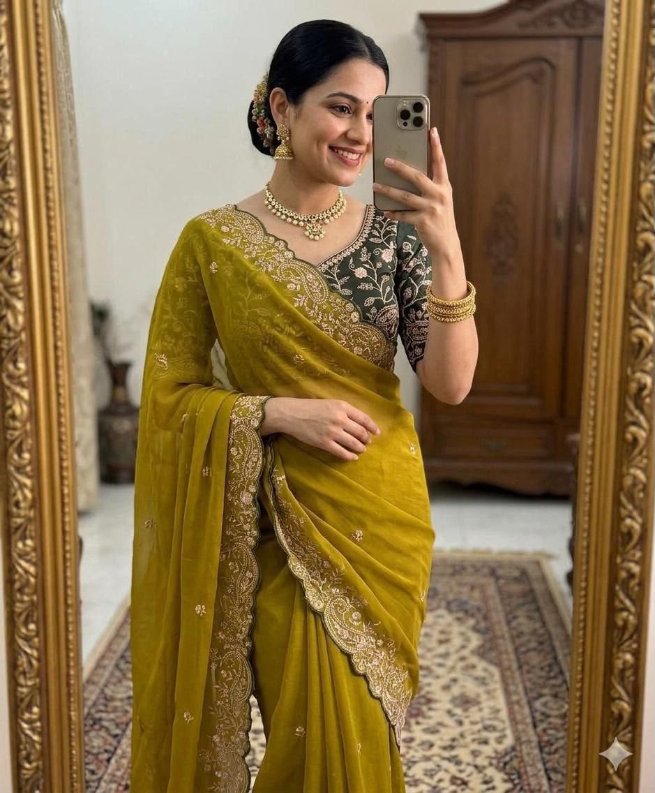 Woman wearing an olive green embroidered saree with a contrasting floral blouse and gold jewelry
