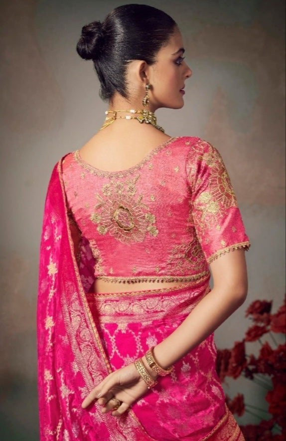 Chiniya Silk Saree with Designer Lace Border & Heavy Embroidered Silk Blouse