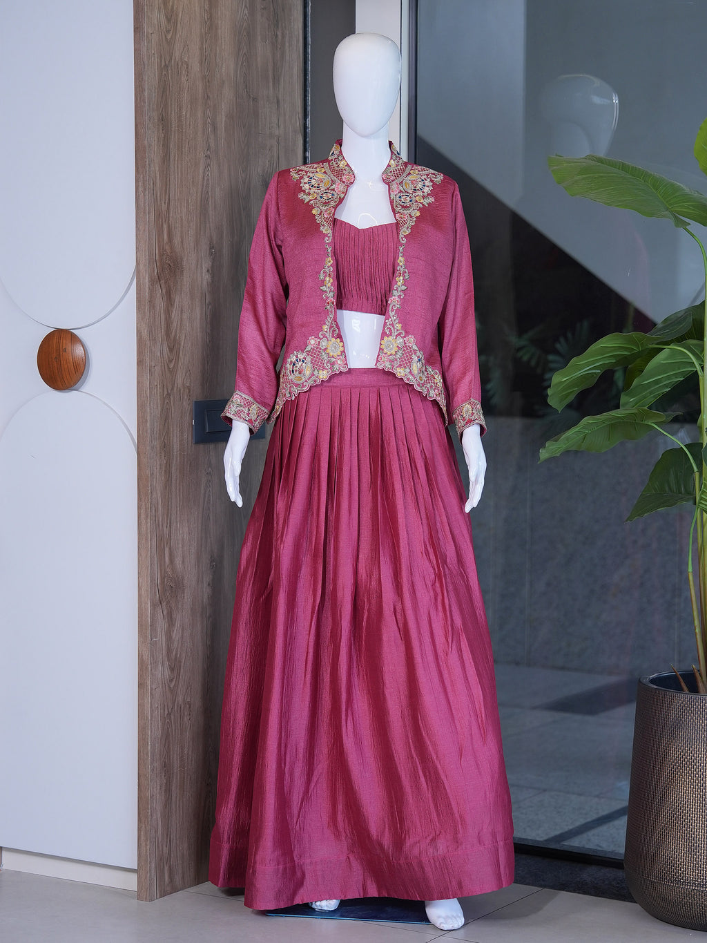 Festive Fusion Opulence: Premium Zazu Silk Embroidered Jacket Lehenga Set with 3-Meter Flair