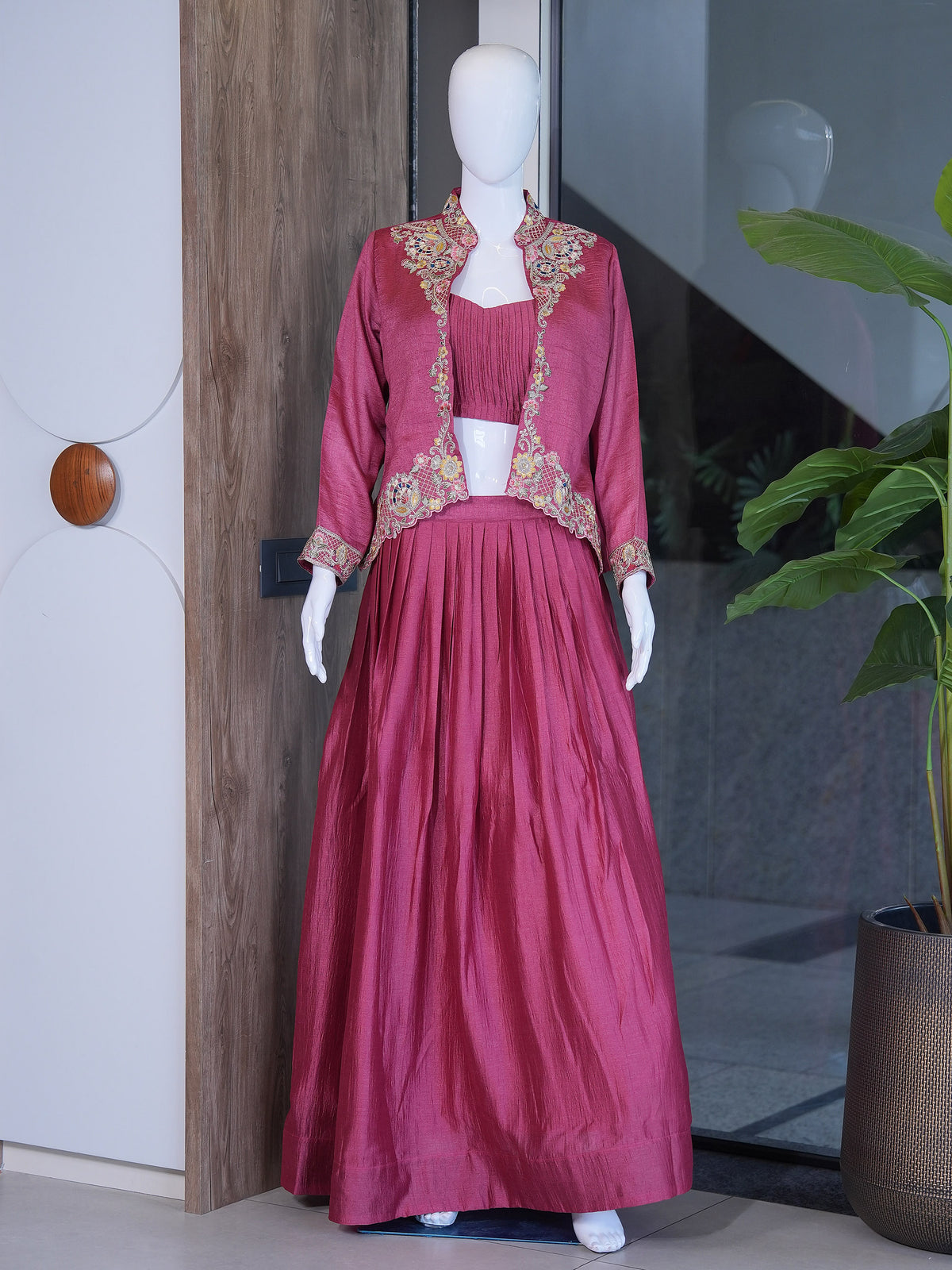 Festive Fusion Opulence: Premium Zazu Silk Embroidered Jacket Lehenga Set with 3-Meter Flair
