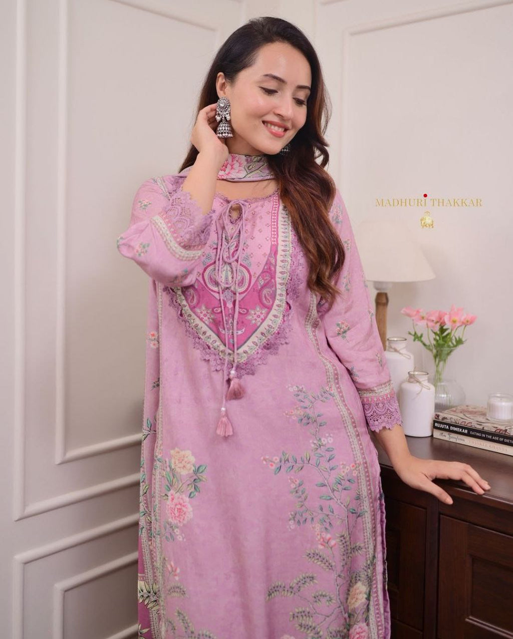 Lilac Pure Muslin Printed Suit Set with Hand Embroidery & Pearl Mala