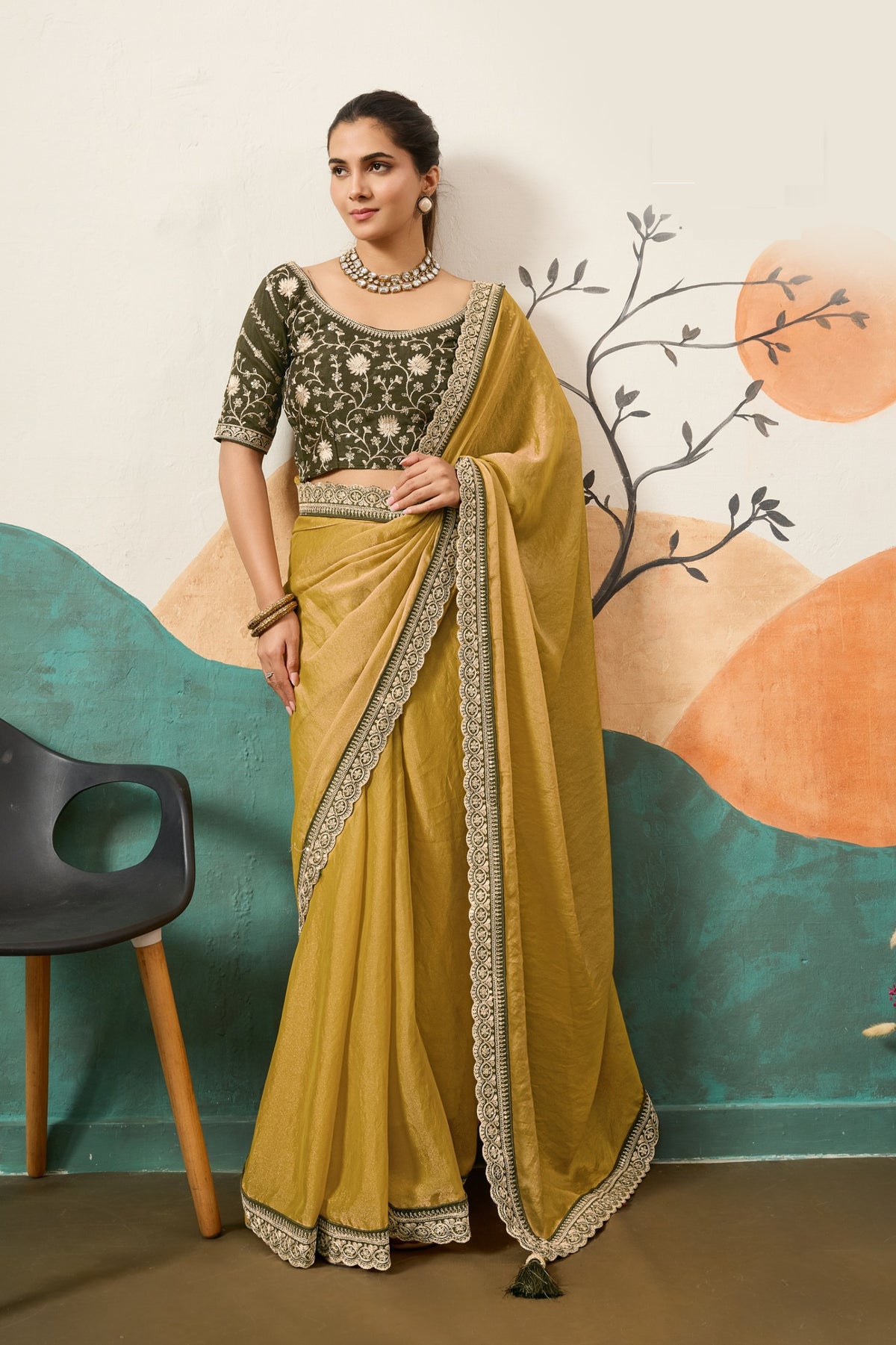 Designer Border Moss Saree & Sequined Silk Blouse
