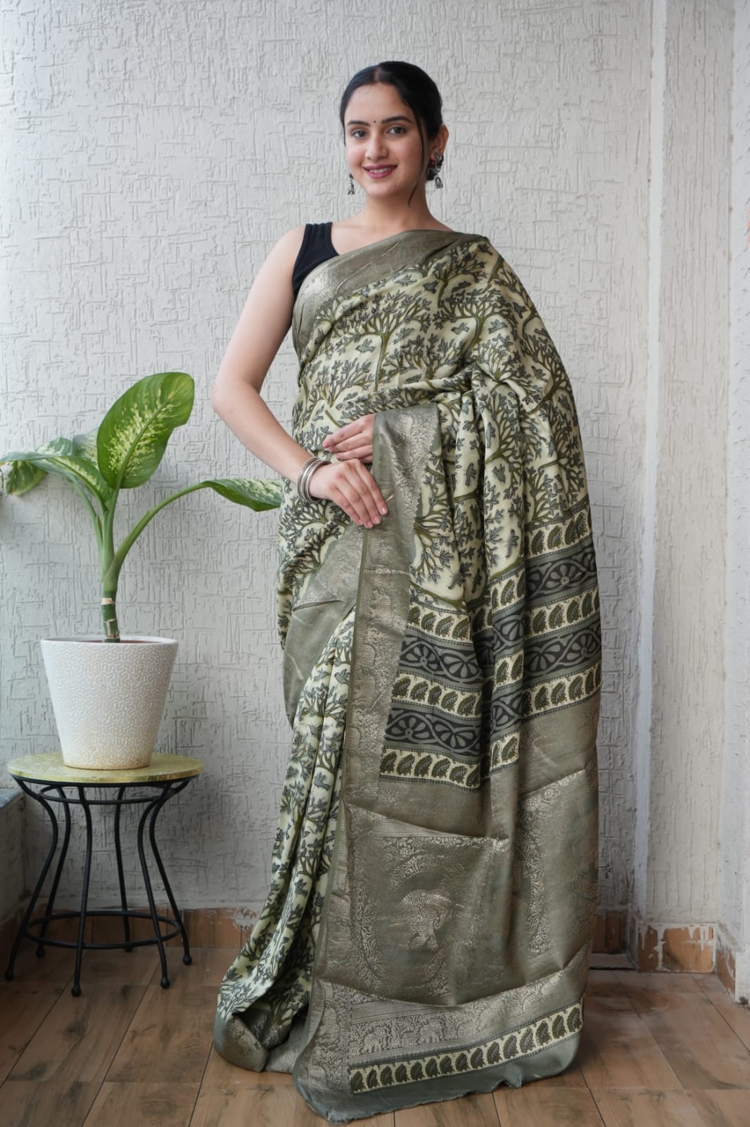 Pure Dola Silk Ajrakh Hand Block Printed Saree with Elegant Printed Blouse