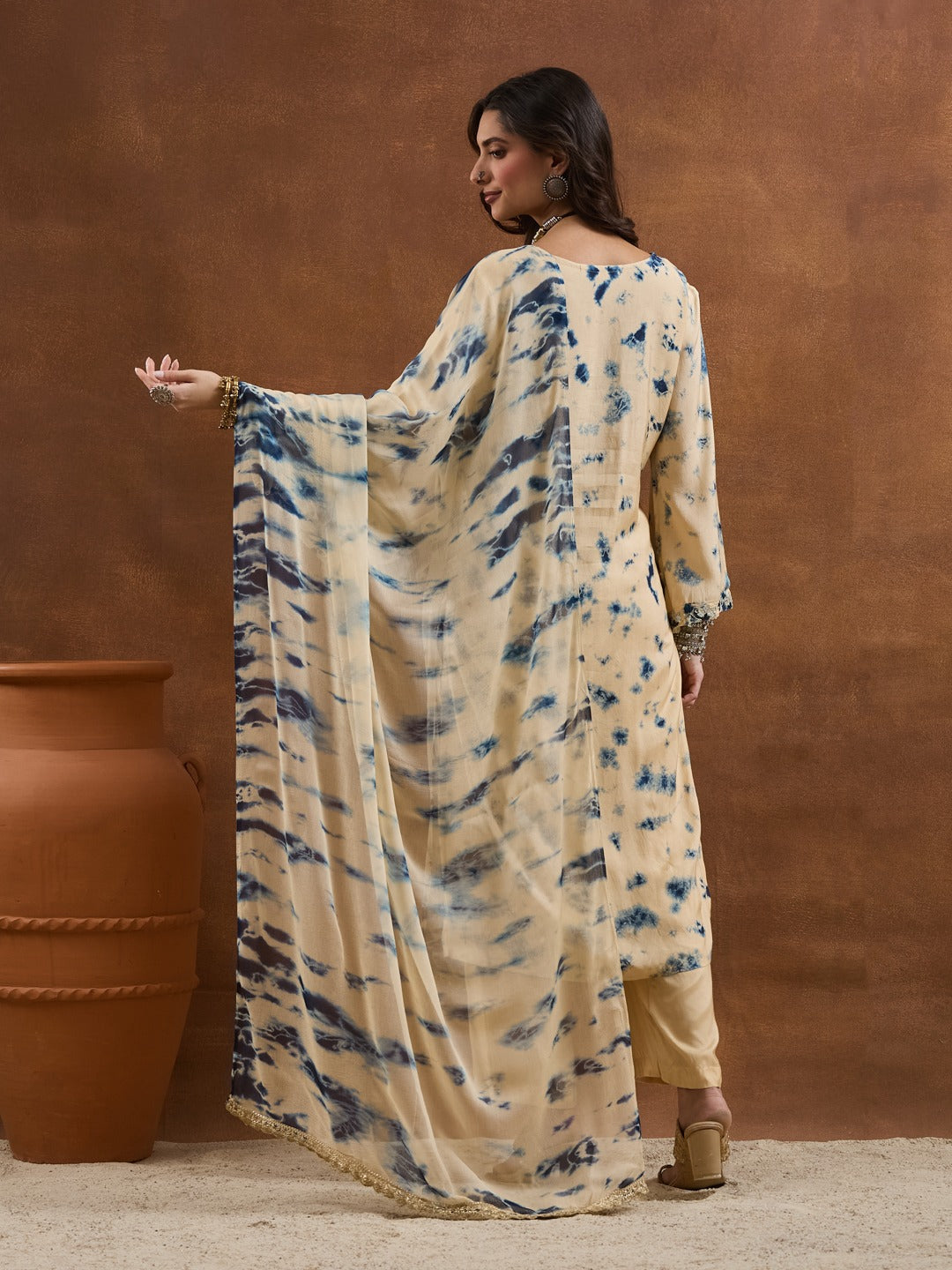 Navy Cream Muslin Tie-and-Dye Straight Kurta Set with Mirror & Embroidery Work