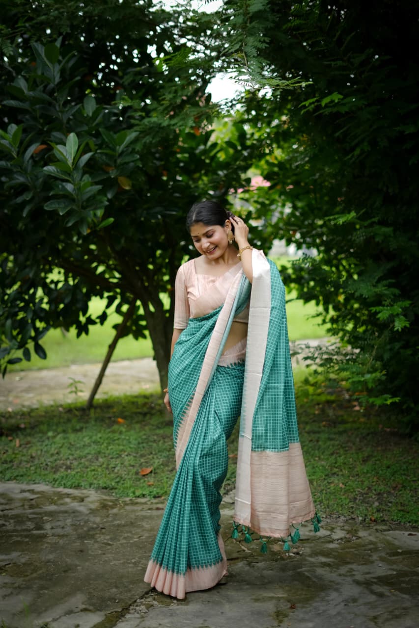 Soft Tussar Silk Saree with Kantha Weave Contrast Border & Check Print