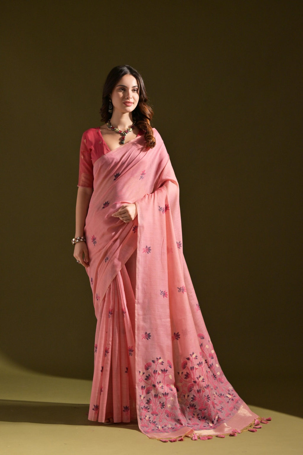 Designer Muga Cotton Saree – Intricate Resham Weave & Pichwai Inspired Motif