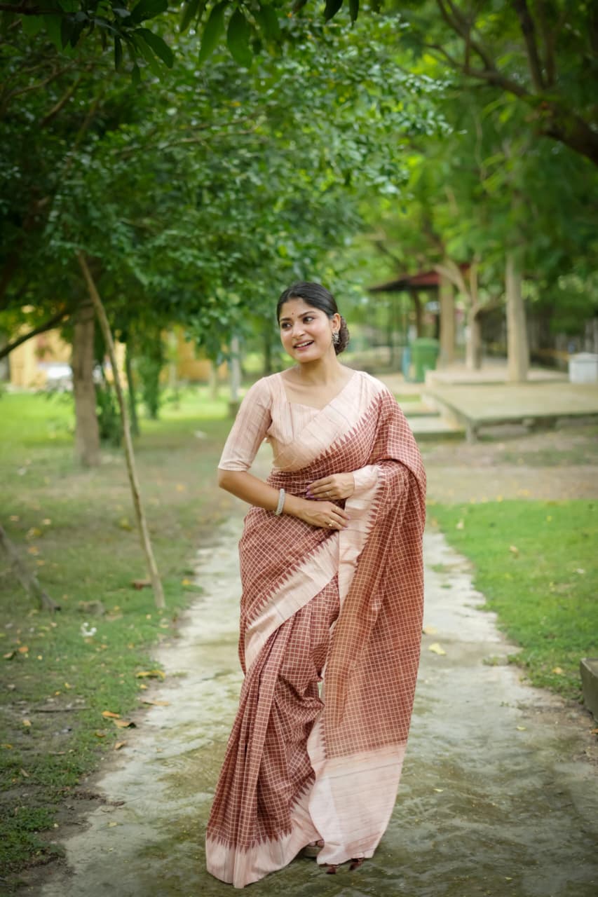 Soft Tussar Silk Saree with Kantha Weave Contrast Border & Check Print
