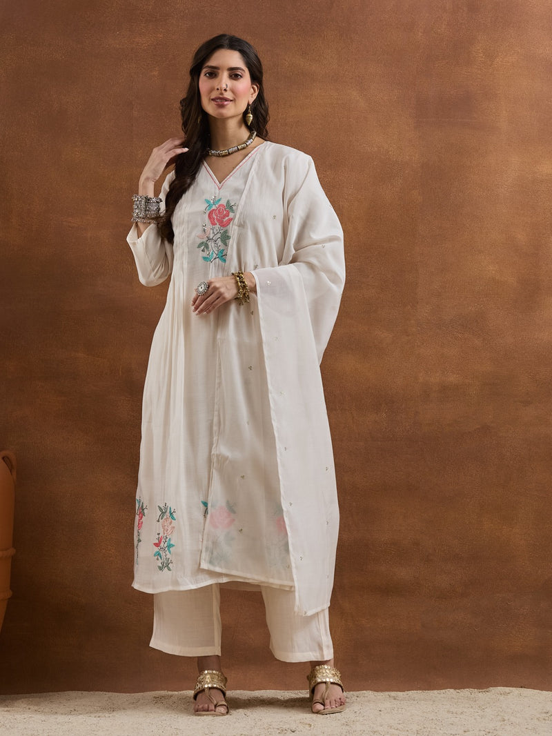 Women's Off-White Chanderi V-Neck A-Line Kurta Pant Set with Lining