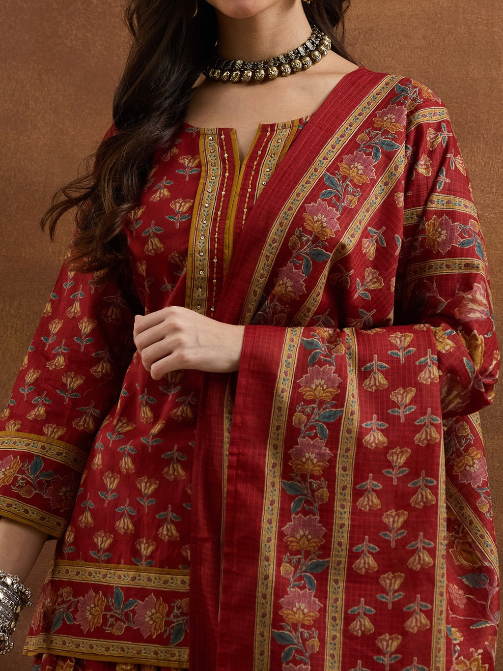 Red Floral Printed Cotton Straight Kurti Skirt & Dupatta Set
