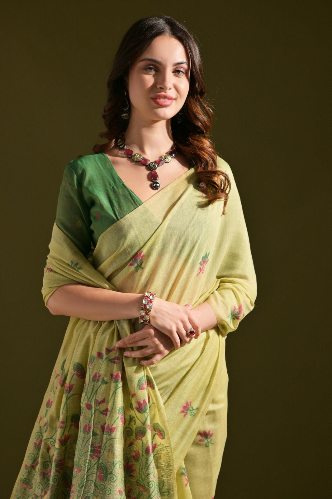 Designer Muga Cotton Saree – Intricate Resham Weave & Pichwai Inspired Motif