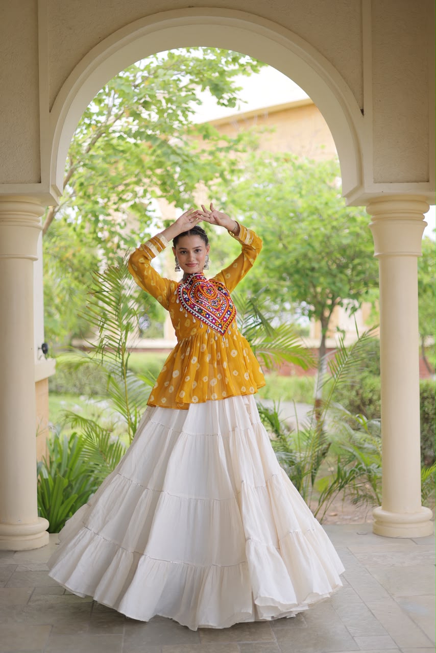 Kutchi Gamthi Patchwork Bandhani Top with Tiered Kora Cotton Lehenga