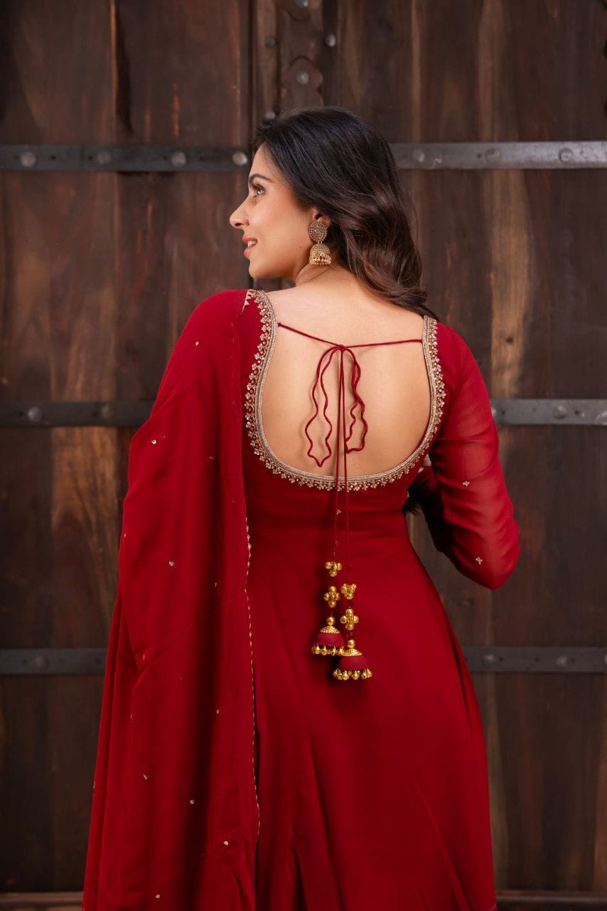 Elegance in Motion: Regal Maroon Fox Georgette Anarkali Suit Set with Intricate Handwork
