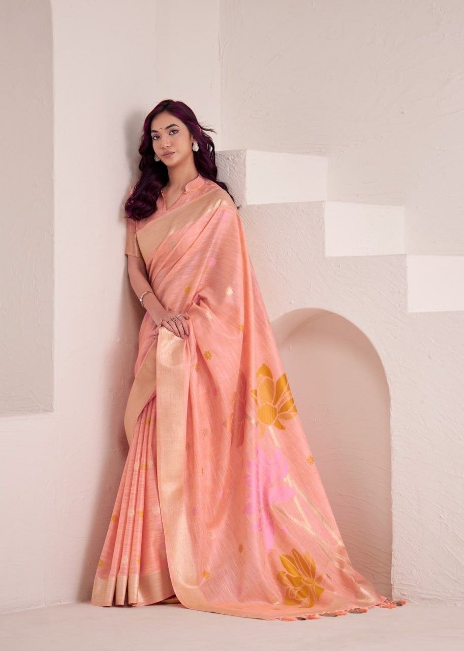 Dynamic Silk: Soft Linen Saree with Rich Jacquard Pallu & Matching Blouse Piece