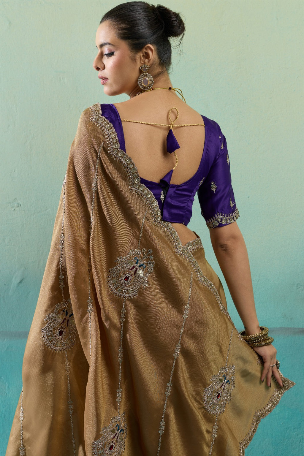 Premium Self-Stripe Giraffe Saree with Handcrafted Butta & Contrast Satin Blouse