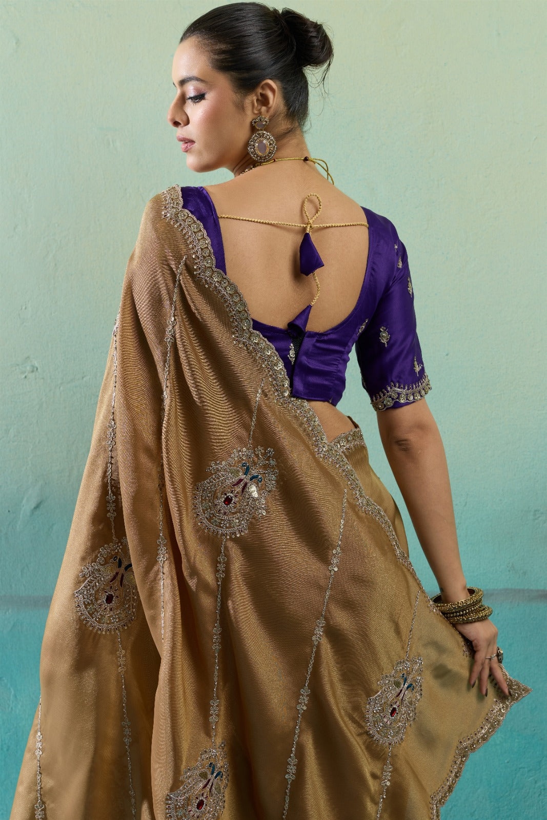Premium Self-Stripe Giraffe Saree with Handcrafted Butta & Contrast Satin Blouse