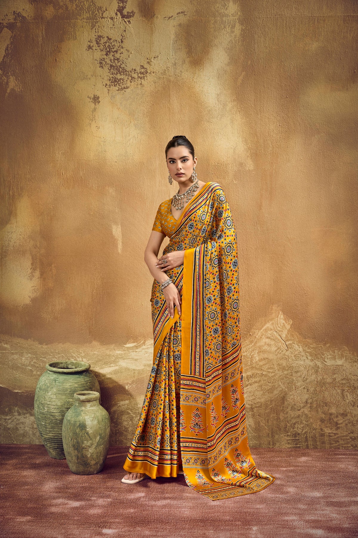 Ajrakh Printed Modal Satin Sarees with Matching Blouse
